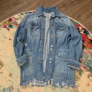 Free People Distressed Medium Wash Oversized Denim Jacket